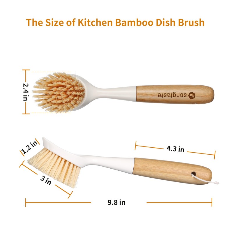 2 Pack Kitchen Dish Brush Bamboo Handle Dish Scrubber Built-in
