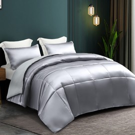 Whale Flotilla 3-Piece Reversible Silky Soft Queen Comforter Bedding Set, Luxurious Satin Comforters Full Size with 2 Satin Pillowcases, Lightweight Duvet for All Seasons, Grey