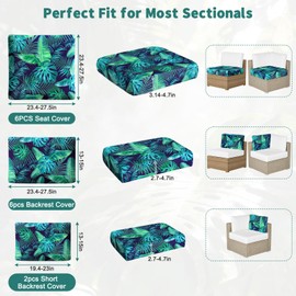 pickyNproud 14 Pieces Outdoor Cushion Covers for Patio Furniture, High Elastic Spandex Sectional Sofa Slipcovers Washable, Universal Fit Replacement Covers for 6-Seat Outdoor Couch, Green Palm Leaves