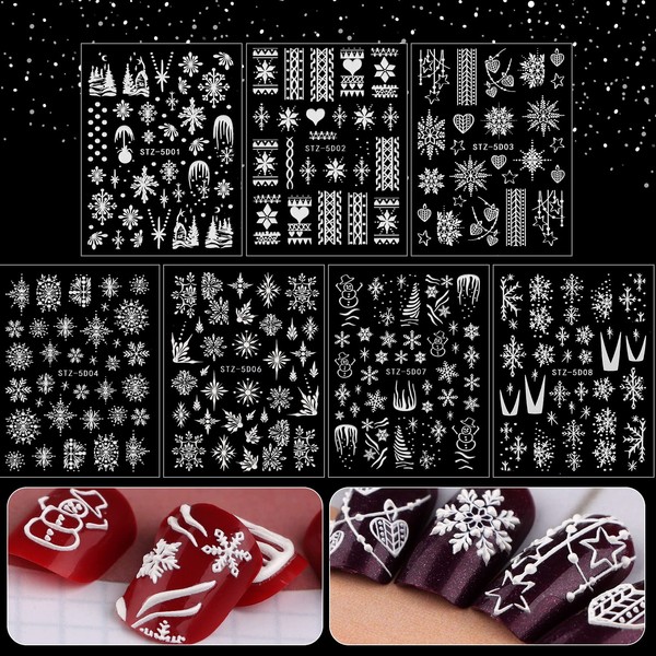 Kalolary Noël Nail Art Stickers, Auto-Adhésifs d'Autocollants d'Ongle d'Art de Noël 5D Bricolage Flocon de Neige Noël Stickers Pour Noël Autocollants à Ongles Décorations Fêtes de Noël (7 Feuille)