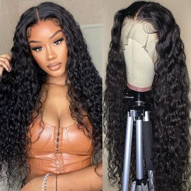 Deep Wave Lace Front Wigs Human Hair Wigs for Women 13x4 180% Density HD Lace Frontal Wig Curly Glueless Wigs Human Hair Pre Plucked with Baby Hair Perruque Femme Humain Naturel 28 Inches Natural Black