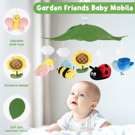 PIIKAGO Garden Friends Crib Mobile – Baby Mobile for Crib with Upgraded 3-Mode Music Box, Nursery Mobile with Butterflies, Bees, Birds for Boys & Girls, Fits Standard Cribs, Forest Nursery Decor
