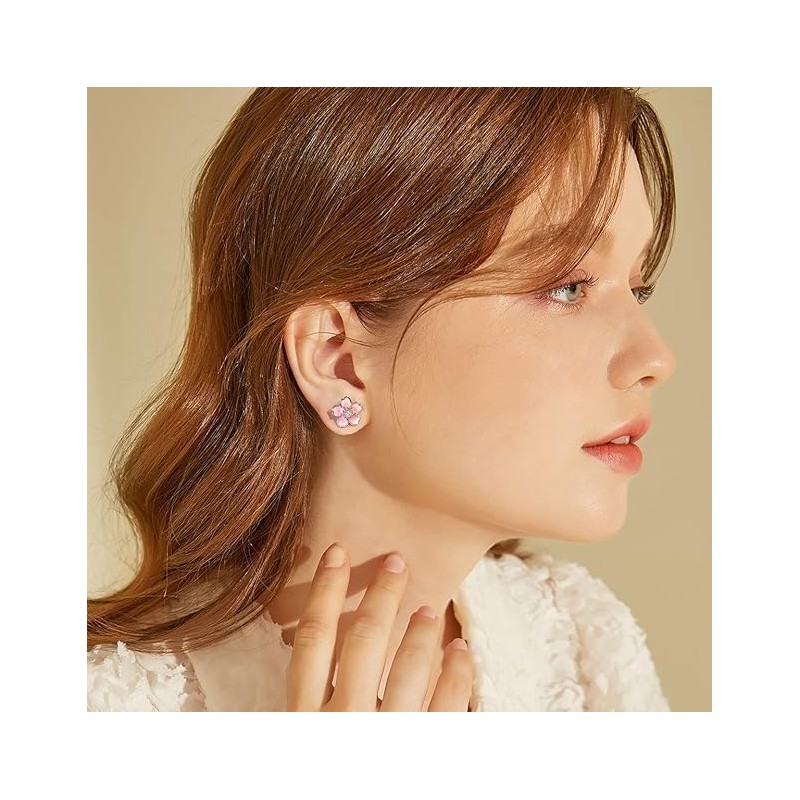 Pink Flower Earrings for Women, 925 Sterling Silver Stud Earrings,
