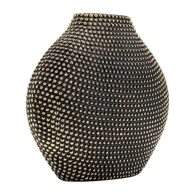 Ceramic 16" Beaded Vase, Black/Gold