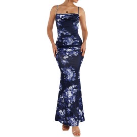 EYNMIN Women's Floral Corset Maxi Dress Sleeveless Bodycon Spaghetti Strap Ruched Elegant Wedding Guest Long Formal Dresses Navy Print M