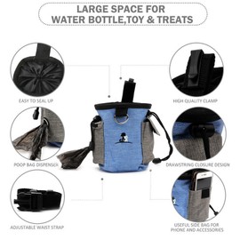 VANANA Pet Training Clicker Puppy Dog Training Snack Bag Built-in Poop Bag Dispenser Zipper Pocket with Adjustable Waist Belt Pouch Hand-Free for Dog Walking Training (Blue)