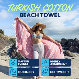 SUN NINJA Turkish Beach Towel, Quick Dry Sand Free Beach Towels for Adults and Kids, Lightweight and Highly Absorbent Travel Towel, Extra Large and Ultra Soft, 38X71 Inch