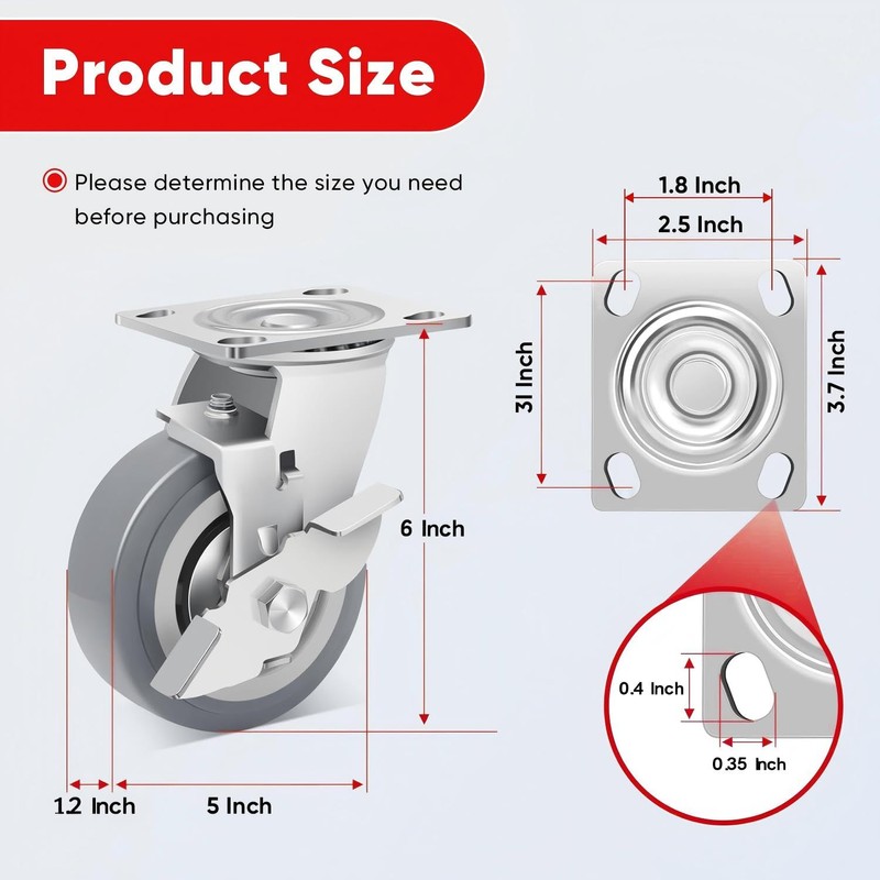 TONKI 5" Heavy Duty Quiet Caster Wheels Set (4-Pack) -