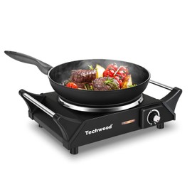Hot Plate, Techwood Electric Stove for Cooking, 1500W Countertop Single Burner with Adjustable Temperature and Handles, 7.3” Cooktop for RV/Home/Camp, Compatible for All Cookwares Black