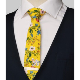 WITZROYS Men's Skinny Tie Floral Cotton Necktie and Tie Bar Clip Sets, Great for Weddings,Groom,Groomsmen (Yellow & White #A12)