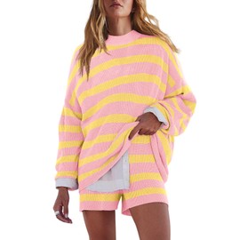 LAMISSCHE Womens Oversized Lounge Sets 2 Piece Outfits Striped Matching Pajama Set Long Sleeve Sweater Set(Yellow&Pink,S)