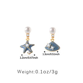 Asymmetric Starfish Shell Pearl Drop Earrings, Blue Enamel with Crystal Accents, Gold-Tone，Mother's Day/Christmas/Valentine's Day/Birthday Gift, Suitable for Beach Vacation