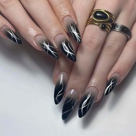 RikView Almond Press on Nails Medium Fake Nails Black Nails with Gradient Design Glossy Stick on Nails for Women 24 PCS