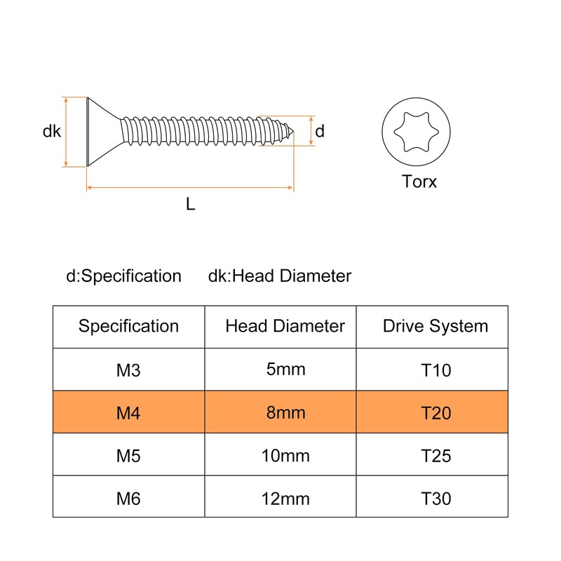 sourcing map 60Pcs Flat Head Torx Screws, M4 x 35mm