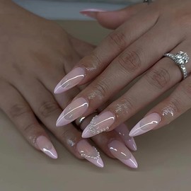 Mkwntg Pink French Tip Press on Nails Medium Almond Fake Nails Glossy Glue on Nails Stiletto Acrylic Nails with Pearls Design Cute Nude Pink Coffin False Nails for Women Girls Nail Decoration 24Pcs