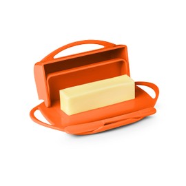Butterie Flip-Top Butter Dish with Lid & Matching Knife, Holds 2 Sticks/Kerrygold Butter, No-Mess Butter Holder, Shatterproof, Dishwasher Safe, Orange