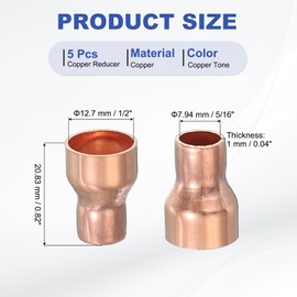 PATIKIL Copper Reducer 1/2" to 5/16" ID, 5 Pcs Reducing Copper Coupling Pressure Fitting Pipe Tube Connector Adapter with Sweat Solder Connection for HVAC Refrigeration, Copper