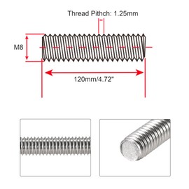 HiPicco M8 x 120mm Fully Threaded Rod & Studs, 304 Stainless Steel Right Hand Threads Rods, M8-1.25 Thread Pitch for Anchor Bolts, Clamps, Hangers and U-Bolts 10pcs