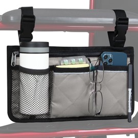 Wheelchair Side Organizer Storage Bag Armrest Pouch with Cup Holder and Reflective Strip, for Most Wheelchairs, Walkers or Rollators (Gray)