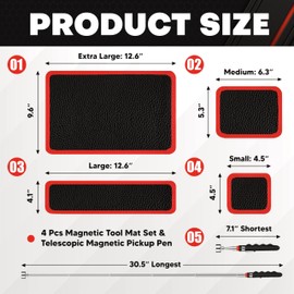 C&T 4-Piece Magnetic Tool Mat Set, Flexible Magnetic Mats in 4 Sizes & 25LBs Telescoping Magnetic Pickup Pen for Garage, Workshop & Automotive Repair, Organize Wrenches, Screws, Bolts Efficiently