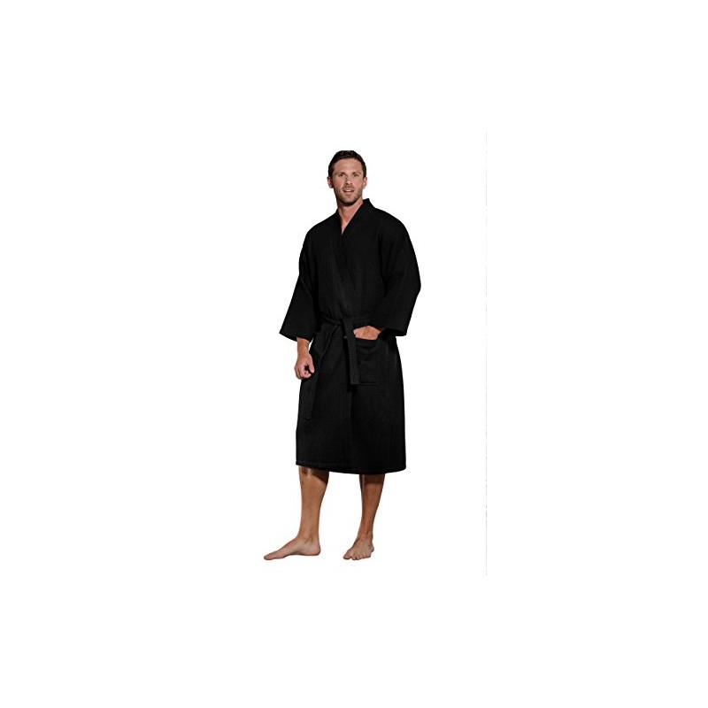 Turquaz Lightweight Long Waffle Kimono Spa Robe for Men, Black,
