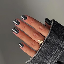 Mirror Metal Black Press-on Nails - Chrome Glazed Short Gel Nails with Bling Shiny Plating, Reusable Thick Fake Nails for Women - Glue-on False Nails