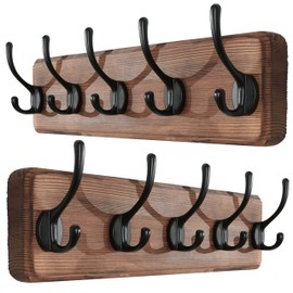 SKOLOO Rustic Wall Mounted Coat Rack, Case of 2, Pine Solid Wood Coat Hook Hanger - 5 Hooks for Hanging Clothes Robes Towels Coats