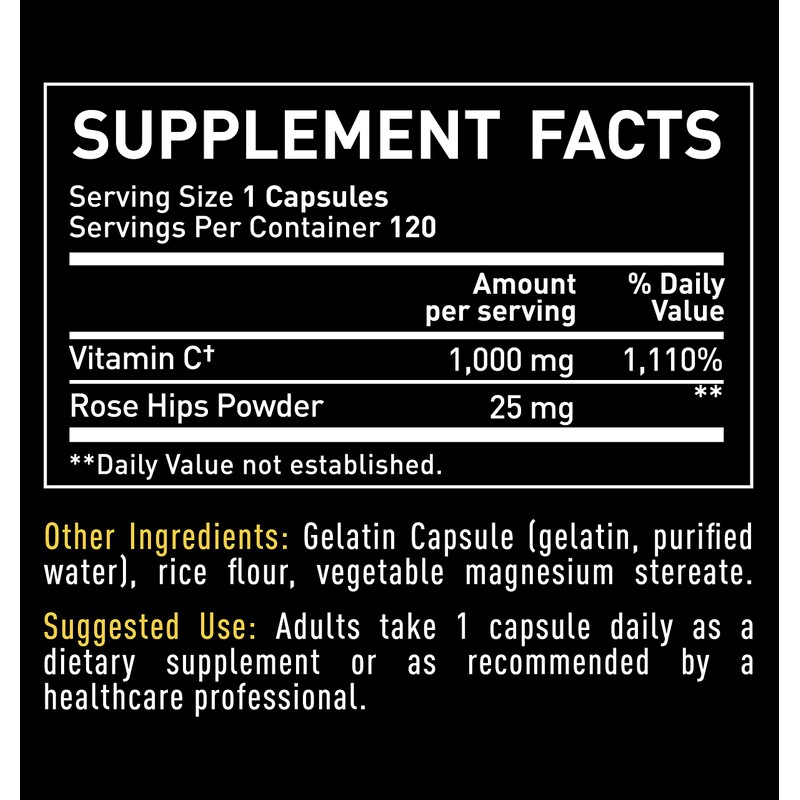 Vitamin C 1000mg with Rosehips (120 Capsules | 1000mg) Pure