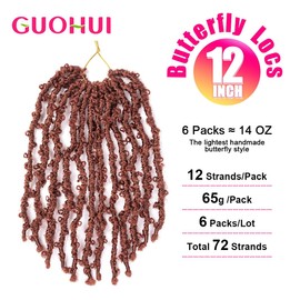 GUOHUI Super Light Butterfly Locs Crochet Hair 12 Inch 6 Packs Pre-Looped Soft Distressed Faux Locs Braids for Women Kids (12 Inch,350#)