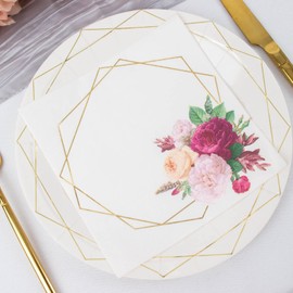 Tableclothsfactory 20 Pack | 2 Ply Soft White/Gold Hexagon Frame Floral Paper Napkins, Wedding Dinner Cocktail Beverage Napkins
