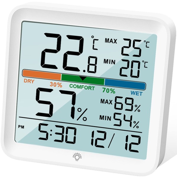 NOKLEAD Hygrometer Indoor Thermometer-Digital Room Humidity Gauge Accurate temperature Monitor Meter Max/Min Records, Touch LCD with Calibration Backlight Clock, Comfort Icon for Home Greenhouse