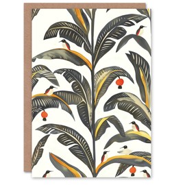 Artery8 Greeting Card Palm Leaves Birds Tropical Pattern Botanical Blank For Him Or Her Art Birthday Card