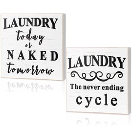 Honoson 2 Pieces Farmhouse Laundry Room Decor Funny Room Box Sign Rustic The Never Ending Cycle Wood Box Sign for Home Bathroom Decoration, 6 x 6 Inch(White)