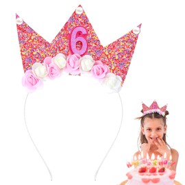 Nogeqi 6 Year Birthday Crown, 6 Years Crown Birthday Girl, Birthday Crown Girl Birthday Crown 6 Years Headband with Glitter Numbers and Rose Flowers