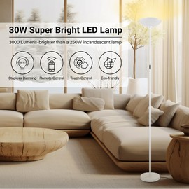 BoostArea Dimmable Floor Lamp,30W 3000LM Super Bright LED Torchiere Standing Lamp with Remote & Touch Control,71 in Tall Pole Sky Modern Floor Lamps for Living Room Bedroom Office,2700k-6500k,White