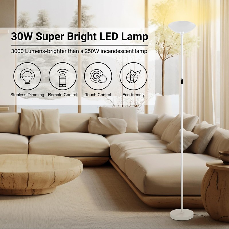 BoostArea Dimmable Floor Lamp,30W 3000LM Super Bright LED Torchiere Standing