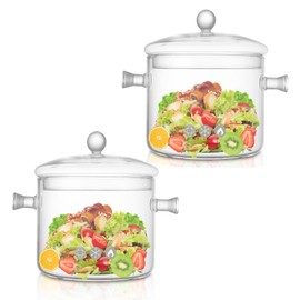 FVIEXE 2PCS Glass Cooking Pot Set with Lid, 1.6L/54OZ Clear Glass Simmer Pot for Stove Top Potpourri Clear Cooking on Stove Pots, Clear Glass Boiling Saucepan with Lid for Pasta Noodle, Soup, Salad