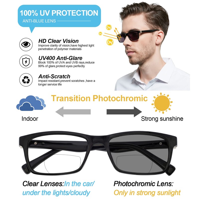 OCCI CHIARI Photochromic Bifocal Reading Glasses Mens,Transition Square UV Protection