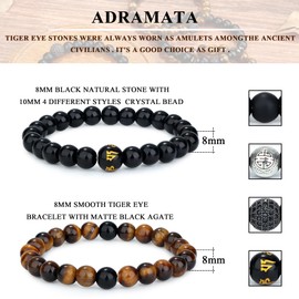 Adramata 6-8 Pieces 8 mm Tiger's Eye Bracelet for Men Women, Natural Stone Bracelet, Yoga Beads Agate Elastic Bracelets, Men's Bracelets, Set, Birthday Gift for Men, Stone