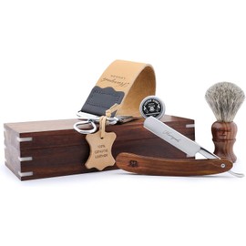 Haryali London Classic Collection Barber Salon Wooden Box Straight Cut Throat Wooden Shaving Razor, Wooden Black Badger Hair Shaving Brush, Leather Strop, Honing Paste. Set 5 Pc Luxury Shaving Kit