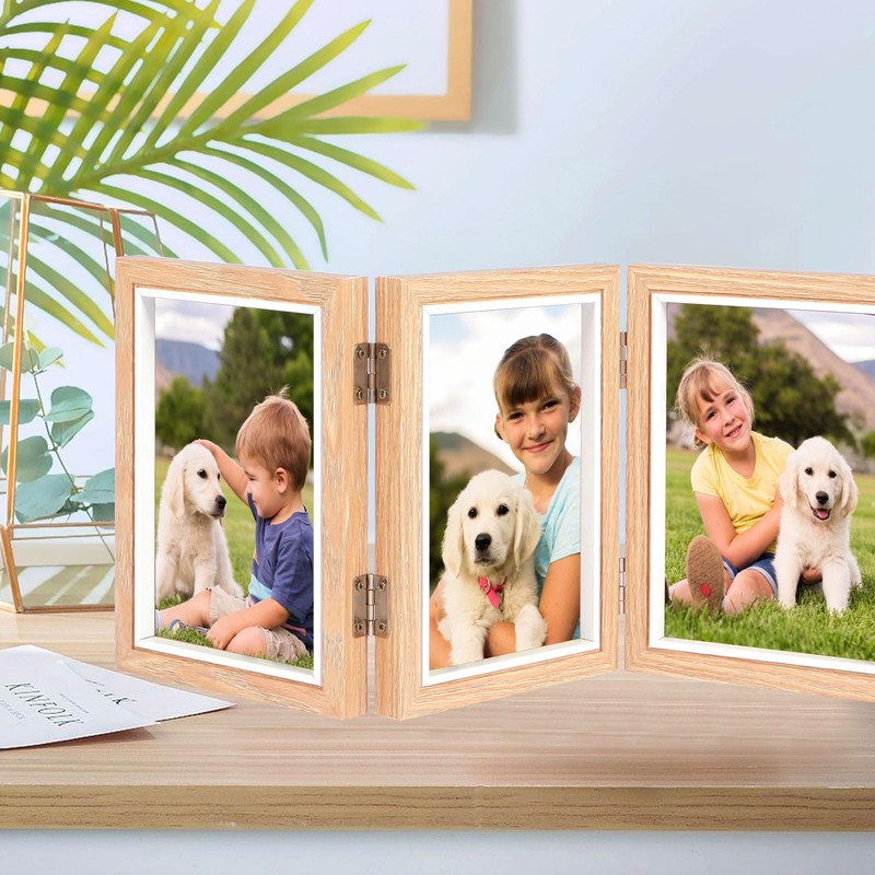 Triple Photo Frame 4x6 Hinged Folding Wood Picture Frame with