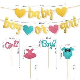 Gender Reveal Party Decorations Baby Shower Glitter Letters Baby and Boy or Girl Banner 24PCS Gender Reveal Cupcake Toppers