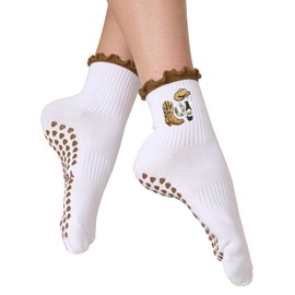 Women's Cute Grip Pilates Socks Non-Slip Yoga Ballet Socks with Ruffle Cuff & Embroidery