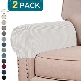 Stretch Armrest Covers (Set of 2) – Anti-Slip Spandex Jacquard Furniture Protectors for Chairs, Sofas & Recliners – Washable & Durable Slipcovers (Ivory)