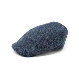 Hanna Hats Traditional Irish Tweed Wool Donegal Touring Cap - Navy & Aqua Salt & Pepper. Unisex Flat Style Ivy Hat. Sewn Down Peak and Taffeta Lining. 100% Made in Ireland. XXL 64-65cm.