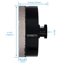 DKIBBITH 4-1/4 in Dry Diamond Core Drill Bit, Tile Hole Saw for Ceramic Porcelain Granite Quartz Marble Tiles Stone Brick Glass Block with 5/8-11 Thread Fit Angle Grinders, 110mm Black