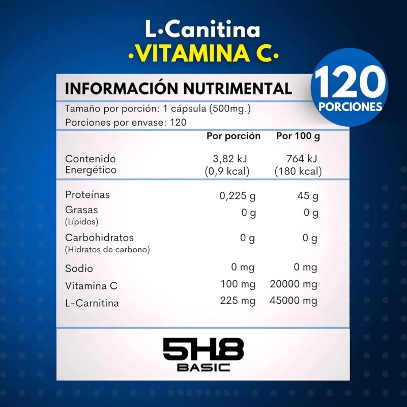 5h8 L-carnitina + Vitamina C 120 Cápsulas Termogénicas Sabor Sin