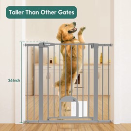 Babelio 36" Tall Upgraded Baby Gate with Cat Door, 29-43" Auto Close Durable Dog Gate for Stairs, Doorways and House, Easy Walk Thru Safety Gate with Pet Door includes 4 Wall Cups, Gray
