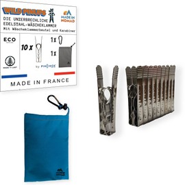 Wild Pinups: 10 Stainless Steel Pincinox Clothes Pegs with Clothes Peg Bag and Carabiner. For Laundry Room, Clothes Line, Rotary Airer. Robust and Durable Clothes Pegs, Made in France