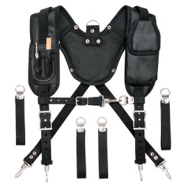 FESA Leather Tool Belt Suspenders with Breathable Mesh Padding, Front Phone Pocket & 4 Loops for Attachment to Most Tool Belts - Perfect for Carpenters & Electricians - Handcrafted (Black)